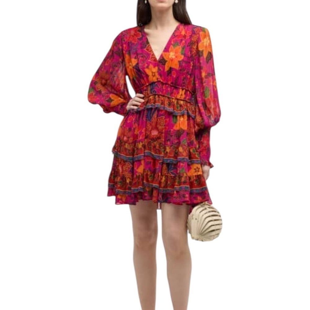 Farm Rio Tropical Tapestry Tiered Puff-Sleeve Mini Dress